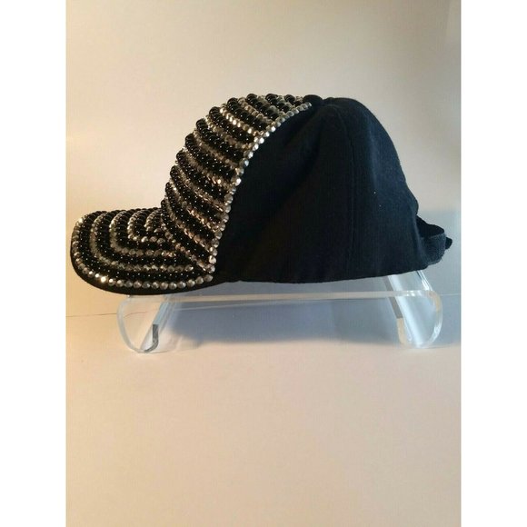 Embellished Jeweled Baseball Hat Cap Black/Silver stripes adjustable strapback - Picture 5 of 9